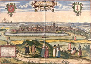Utsikt över Dantzig (Gedanum) (dagens Gdansk), Polen (etsning av Franz Hogenberg