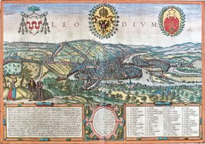 Vy över Liege (Leodium), Belgien (etsning av Franz Hogenberg