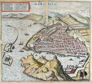 Vy över Marseille på 1500-talet, som visar sjukhuset för spetälska längst ner till vänster, från 