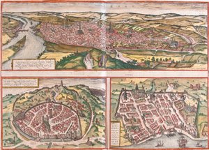 Utsikt över Rouen (Rotomagus), Nimes (Nemausus) och Bordeaux (Burdigala), Frankrike (etsning). av Franz Hogenberg