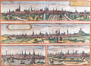 Utsikt över Brunswick (Brusvicum), Lüneburg (Loneburgum), Breme (Brema) och Oldenburg (Aldenburgum), Tyskland (etsning av Franz Hogenberg