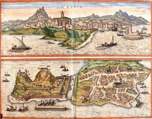 Utsikt över Candia (Candia), nuvarande Heraklion på ön Kreta och Korfu eller Corcyra (Corphu), grekisk ö (etsning av Franz Hogenberg