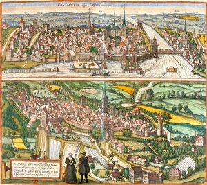 Utsikt över Constance (Contantia), Tyskland och St. Galli (S. Galli), Schweiz (etsning av Franz Hogenberg