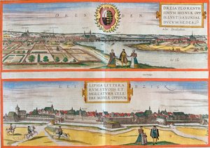 Utsikt över Dresden (Dresa) och Leipzig (Lipsia), Tyskland (etsning av Franz Hogenberg