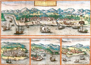 Utsikt över Kozhikode eller Calicut (Indien), Ormuz (Iran), Cannanore eller Kannur (Indien) och St. George of the Mine (S. George) eller Elmina (Ghana) (etsning av Franz Hogenberg