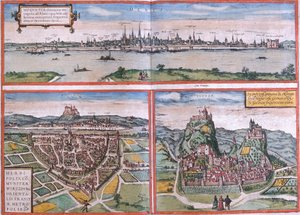 Utsikt över Mainz (Moguntia), Würzburg, Tyskland och Sion (Sedunum) i Schweiz (etsning