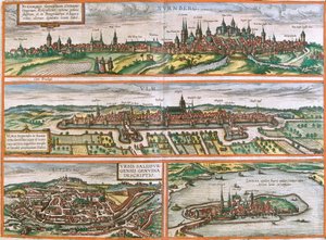 Utsikt över Nürnberg (Nurnberga), Ulm (Ulma), Lindau (Lindola), Tyskland och Salzburg (Salisburgensis) i Österrike (etsning av Franz Hogenberg