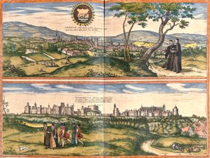 Utsikt över Oxford (Oxonium) och Windsor (Vindesorium), England (etsning av Franz Hogenberg