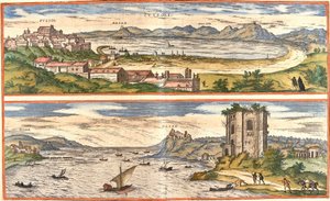 Utsikt över Pozzoli (Puteoli) och bukter (Baiae) (nuvarande Baia), Italien, med de gamla lämningarna av termalbaden i Neapelbukten och en fästning (etsning av Franz Hogenberg