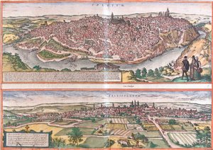 Utsikt över Toledo och Valladolid (Vallisoletum), Spanien (etsning av Franz Hogenberg