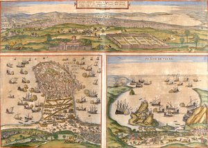 Utsikt över Tunis (Tunes) och Mahdia (Aphrodisium) i Tunisien, och Penon de Velez de la Gomera eller Badis (Bades) (Penon de Veles), penon de Veles, omtvistad mellan Spanien och Marocko (etsning).