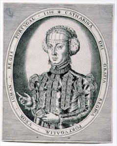 Porträtt av Katarina, drottning av Portugal, hustru till Johannes III (1502-57) 1556 (gravyr) av Franz Huys