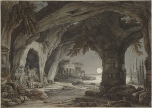 Idealiskt landskap med klippgrotta, gravar och ruiner i månskenet, ca. 1790.