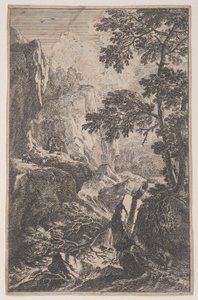 Plåt 2: en jägare som siktar med sin pistol, knäböjer bredvid en stor sten till höger, en ma..., ca. 1700-25.