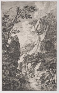 Plåt 4: två fiskare på stranden av en bäck till höger, ett vattenfall i mitten, från..., ca. 1700-25.