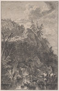 Plåt 5: kvinnlig figur till häst och en mansfigur med en hund stående i en str..., ca. 1700-25.