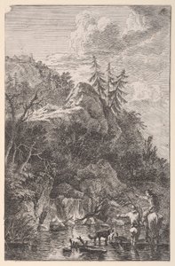 Plåt 5: kvinnlig figur till häst och en mansfigur med en hund stående i en str..., ca. 1700-25.