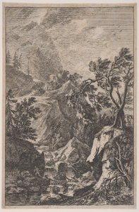 Plåt 6: två mansfigurer som står på en sten till höger, ett vattenfall i mitten med en..., ca. 1700-25.