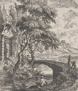 Plåt 7: två figurer till höger på väg över en stenbro, en fiskare i för..., ca. 1700-25.