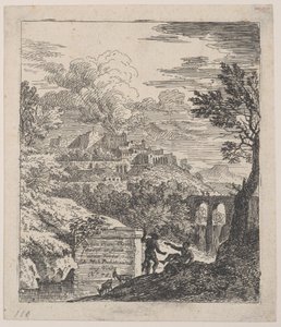 Två herdar vilande bredvid en piedestal, en akvedukt till höger i bakgrunden, en..., ca. 1700-25.