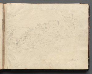 Album med utsikt över Rom och omgivningar, Landskapsstudier, sida 02a: Olevano. av Franz Johann Heinrich Nadorp