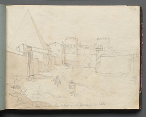 Album med utsikt över Rom och omgivningar, Landskapsstudier, sida 06a: "Rome von der Porta St. Paolo" av Franz Johann Heinrich Nadorp