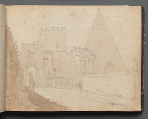 Album med utsikt över Rom och omgivningar, landskapsstudier, sida 08a: Porta St. Paolo. av Franz Johann Heinrich Nadorp
