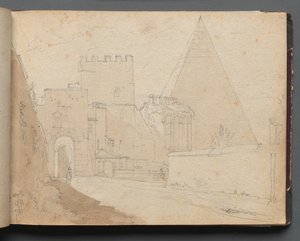 Album med utsikt över Rom och omgivningar, landskapsstudier, sida 08a: "Porta St. Paolo" av Franz Johann Heinrich Nadorp