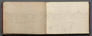 Album med utsikt över Rom och omgivningar, landskapsstudier, sidan 08b och 09 a: Panoramautsikt över Rom av Franz Johann Heinrich Nadorp