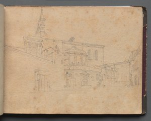 Album med utsikt över Rom och omgivningar, landskapsstudier, sida 26a: Romersk arkitekturvy. av Franz Johann Heinrich Nadorp