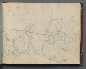 Album med utsikt över Rom och omgivningar, landskapsstudier, sidan 37a: Oxen och vagn av Franz Johann Heinrich Nadorp