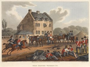 Huvudkvarter Waterloo 1815, graverat av M. Dubourg, 1819 (färgad akvatint)