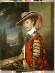 Porträtt av prins Nicolas Saltykov bär en förklädnad. (Porträtt av prins Nikolai Saltykov i kostym). Målning av Franz Kruger (1797-1857), olja på duk