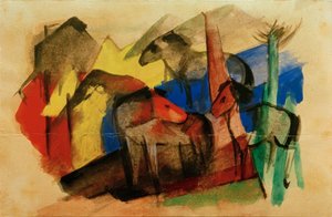 Tre hästar i landskap med hus av Franz Marc