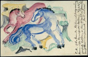 "Röd och blå häst", Franz Marc från Sindelsdorf till Wassily Kandinsky i München: vykort, poststämpel 5 april 1913 av Franz Marc