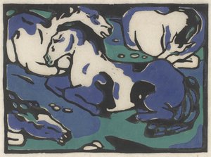 Ruhende Pferde (vilande hästar), 1911-1912, tryckt 1916 (träsnitt i svart, blått och grönt på japanpapper) av Franz Marc