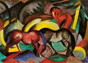 Tre hästar, 1912 (blandteknik på papper) av Franz Marc