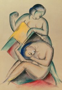 Två nakna kvinnor, ca 1910-15 (gouache och akvarell på papper) av Franz Marc