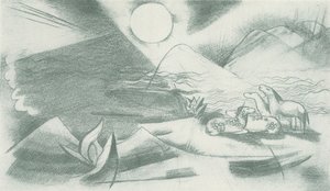 Orört landskap med sol, berg och en grupp hästar av Franz Marc