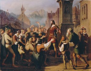 Hertig Friedrich IV, förklädd till en minstrel, uppenbarar sig för sina trogna tyroler..., 1851. av Franz Schams