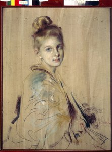 Ung flicka med en fläkt (flicka med en fläkt). Verk av Franz von Lenbach (1836-1904), pastell på kartong, omkring 1880. Tysk 1800-talskonst. State Hermitage, Sankt Petersburg. av Franz Seraph von Lenbach