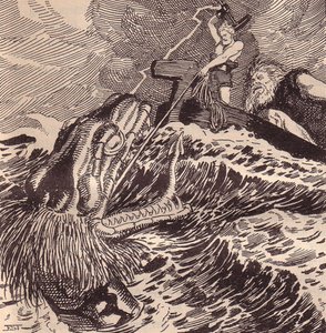 Thor och Hymir Fiskar. Illustration till The Edda: Germanic Gods and Heroes av Hans von Wolzogen