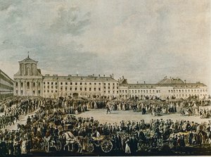 Ludwig van Beethovens begravningsprocession 1827 från Schwarzspanierhaus till Heliga Trefaldighetskyrkan på Alsergasse i Wien (akvarell) av Franz Stober