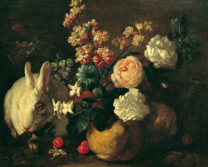 Stilleben med kaniner, blommor och frukter
