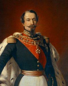 Porträtt av Napoleon III (1808-1873), fransmännens kejsare framför utsikt över Chateau de Saint Cloud. Detalj av målning av Franz Xaver Winterhalter (1806-1873) 1855 Dim. 2,4x1,5 m
