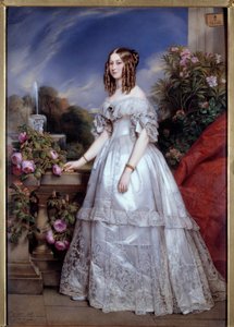 Porträtt av hertiginnan av Nemours Porträtt av segern av Saxe-Coburg-Gotha (1822-1857) hustru till hertigen av Nemours. Målning av M. P. Julien Laurent (1805-1860) efter Franz Xavier Winterhalter. 1846. Paris, Dekorativ konst - Hellängdsporträtt av Du