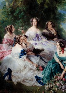 Impress Eugenie (1826-1920) 1855 omger hedersdamerna i Detail Palace, representerande prinsessan av Essling, baronessan av stenar, viscountessan Lezay-Marnesia, kejsaren högst upp i vitt och markisinnan av Montebello på de av Franz Xaver Winterhalter