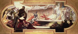 Skiss till en takmålning med en scen från en serie om teaterns historia. av Franz von Matsch