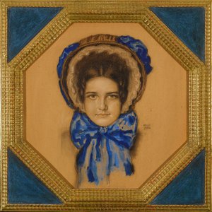 Marie avec un chapeau (typ kapot) - Dotter Mary med en Poke bonnet - Franz-Ritter (Franz Ritter) von Stuck (1863-1928). Gouache, pastell och kol på kartong Mått: 55x49,3 cm Privat samling av Franz von Stuck