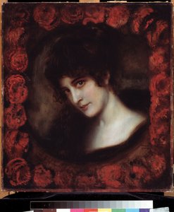 ""Portrait of a Woman"" (Portrait of a Woman) Ung mörkhårig kvinna med ett ansikte inramat av rosor. Målning av Franz Ritter von Stuck (1863-1928) Pushkin-museet i början av 1900-talet, Moskva av Franz von Stuck